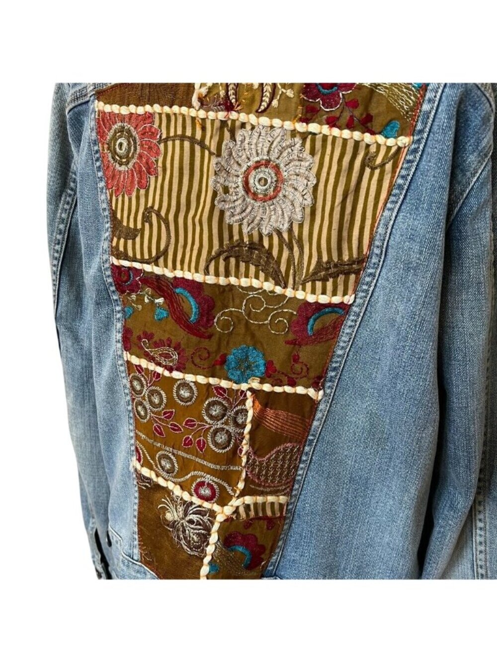Boho Country Patchwork Denim Jacket Women Sz L Concert Trucker Western Rare - Picture 3 of 12
